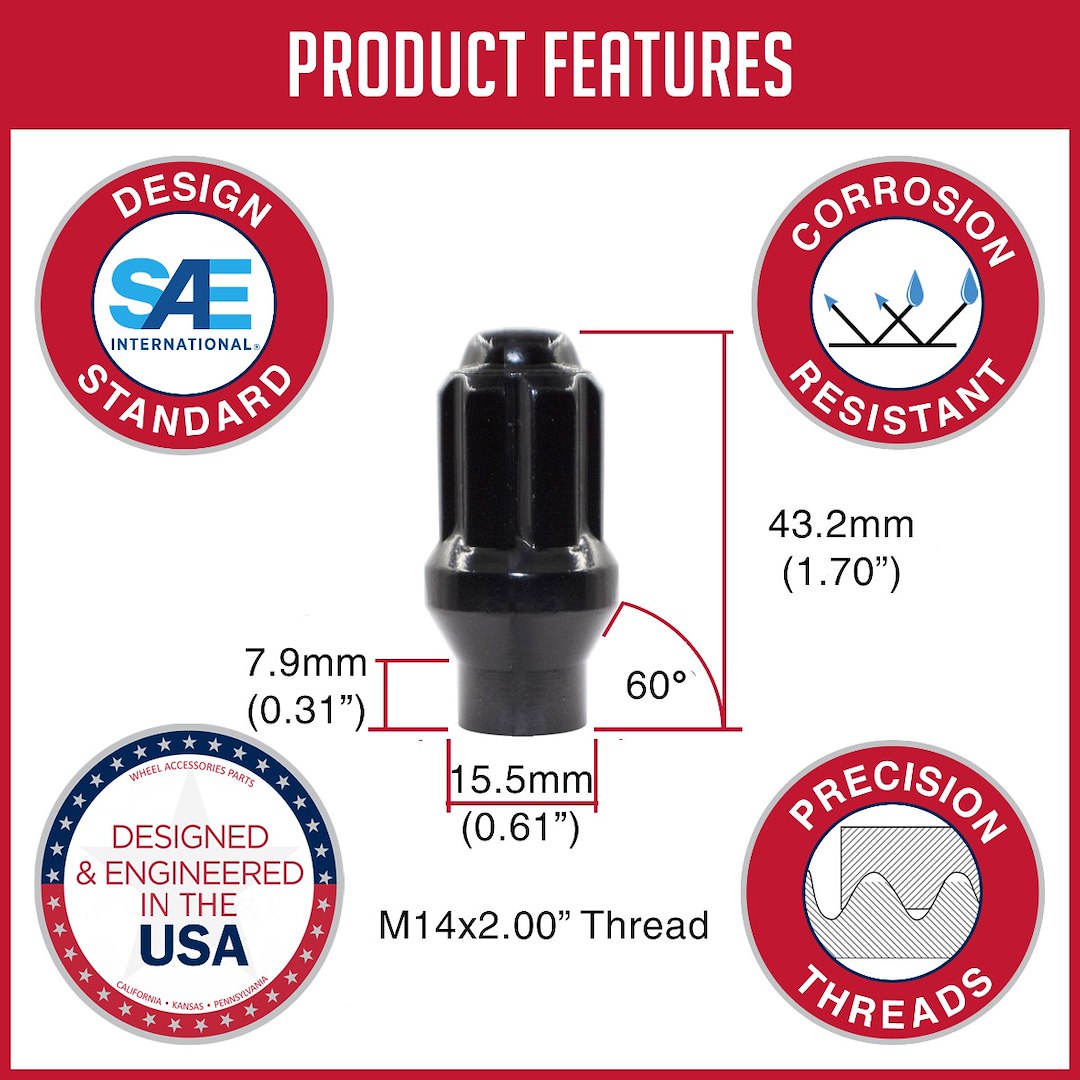 Product of Coyote Wheel Accessories 231173BLK ET Shank 14x2.0 Lug Nut 