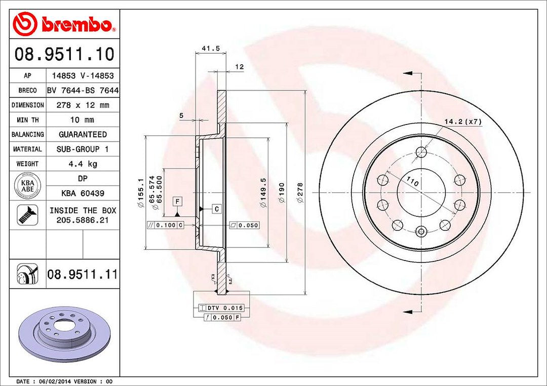 Product of Brembo 08951111C02 Solid 1 Piece Brake Rotor 
