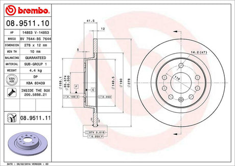 Product of Brembo 08951111C02 Solid 1 Piece Brake Rotor 