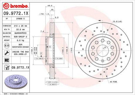 Product of Brembo 0997721XC02 Xtra Vented Cross Drilled 1 Piece Brake Rotor 