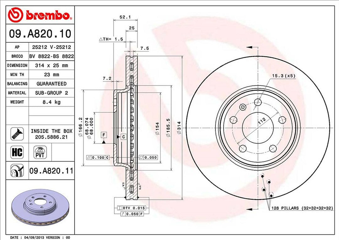 Product of Brembo 09A82011C02 Vented 1 Piece Brake Rotor 