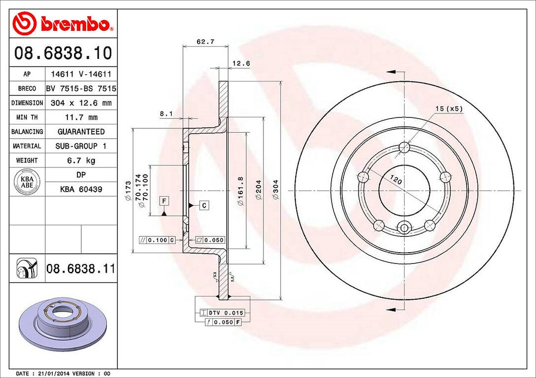 Product of Brembo 08683811C02 Solid 1 Piece Brake Rotor 