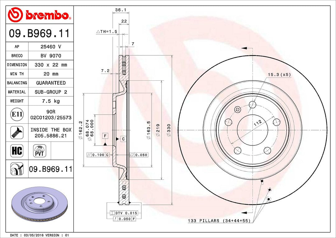 Product of Brembo 09B96911C02 Vented 1 Piece Brake Rotor 