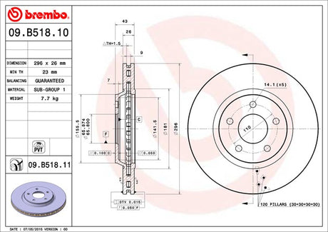 Product of Brembo 09B51811C02 Vented 1 Piece Brake Rotor 