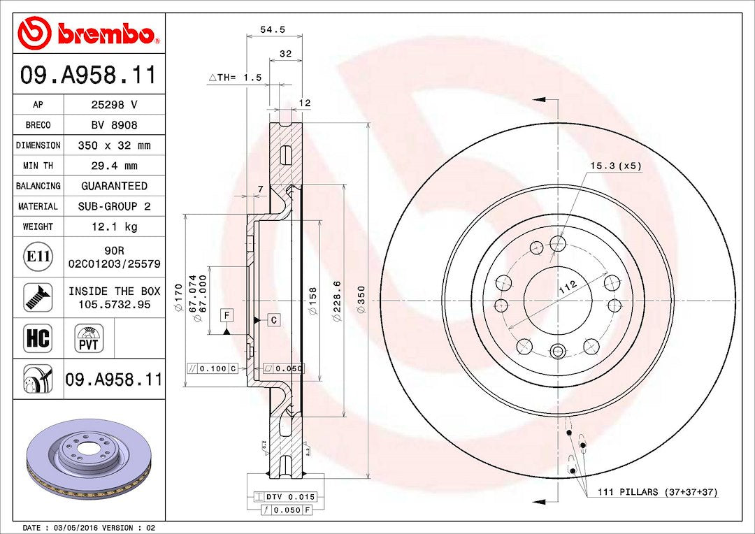 Product of Brembo 09A95811C02 Vented 1 Piece Brake Rotor 