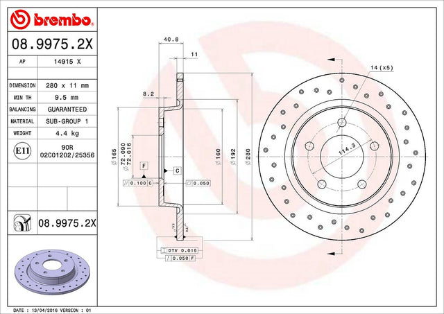 Product of Brembo 0899752XC02 Xtra Solid Cross Drilled 1 Piece Brake Rotor 