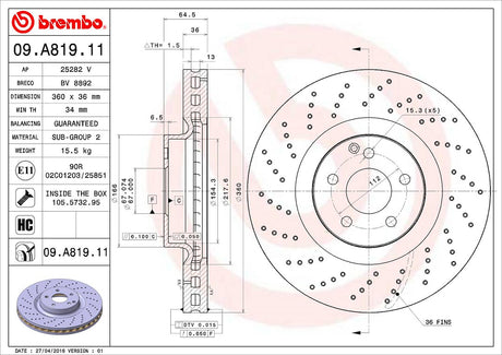 Product of Brembo 09A81911C02 Vented Cross Drilled 1 Piece Brake Rotor 