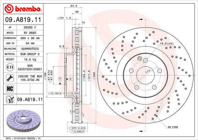 Product of Brembo 09A81911C02 Vented Cross Drilled 1 Piece Brake Rotor 