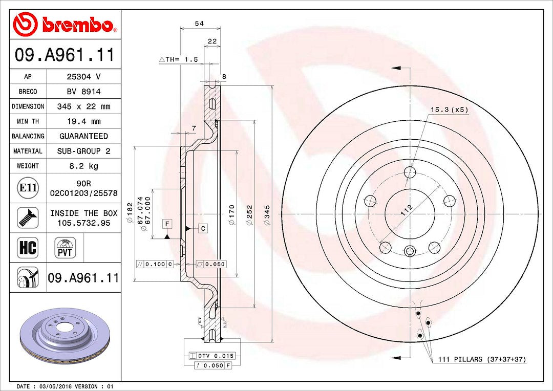 Product of Brembo 09A96111C02 Vented 1 Piece Brake Rotor 