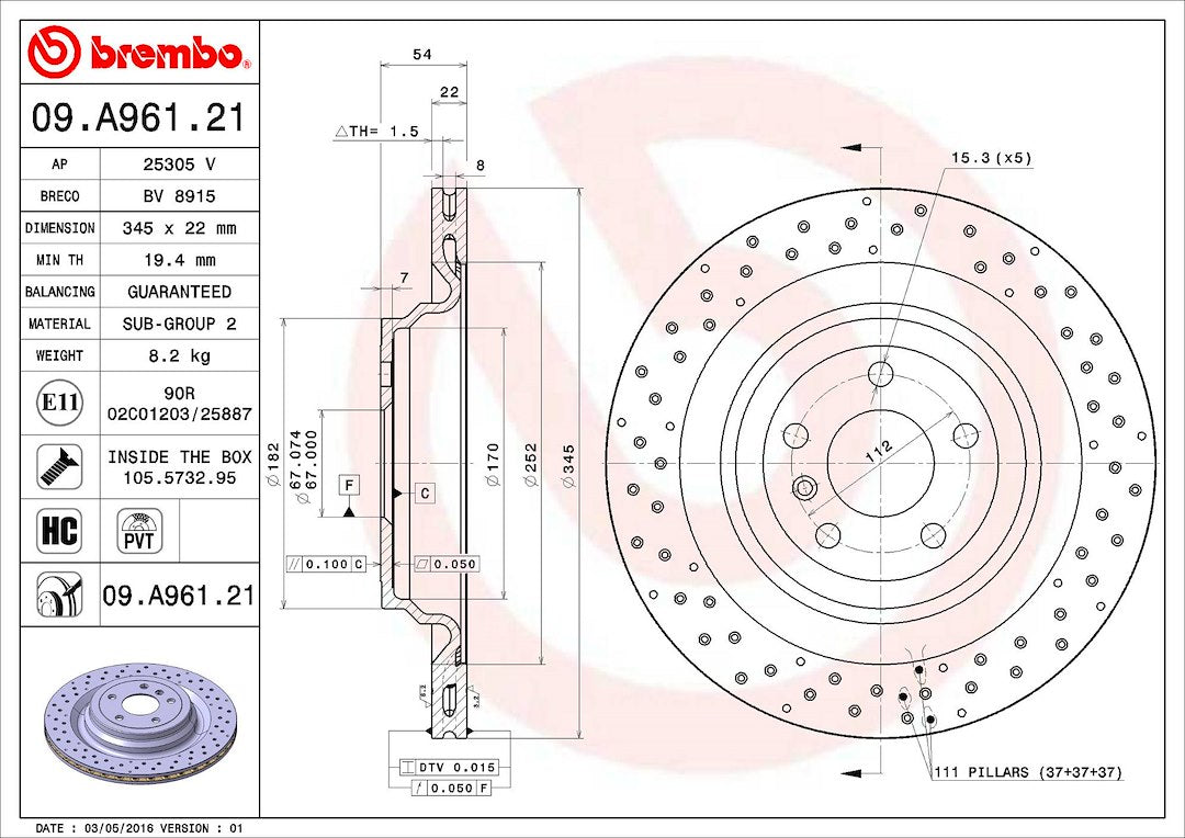 Product of Brembo 09A96121C02 Vented Cross Drilled 1 Piece Brake Rotor 