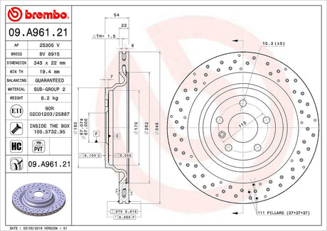 Product of Brembo 09A96121C02 Vented Cross Drilled 1 Piece Brake Rotor 