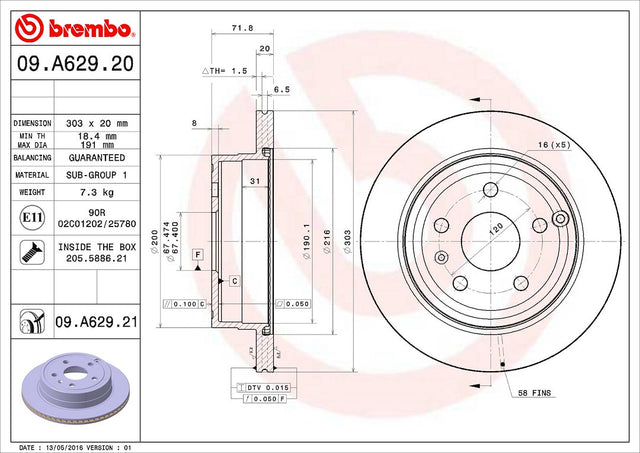 Product of Brembo 09A62921C02 Vented 1 Piece Brake Rotor 