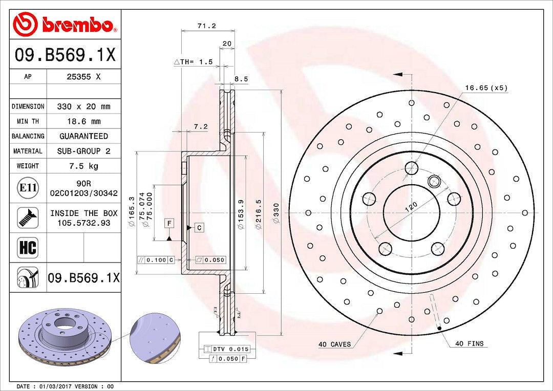 Product of Brembo 09B5691XC02 Xtra Vented Cross Drilled 1 Piece Brake Rotor 