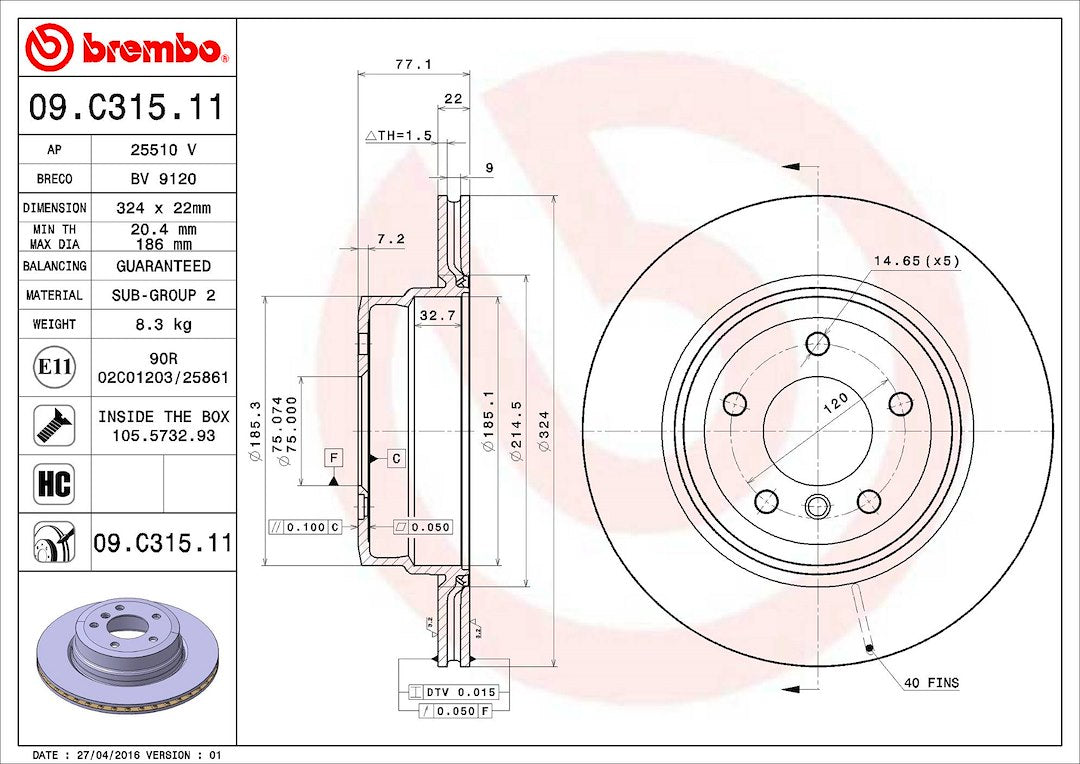 Product of Brembo 09C31511C02 Vented 1 Piece Brake Rotor 