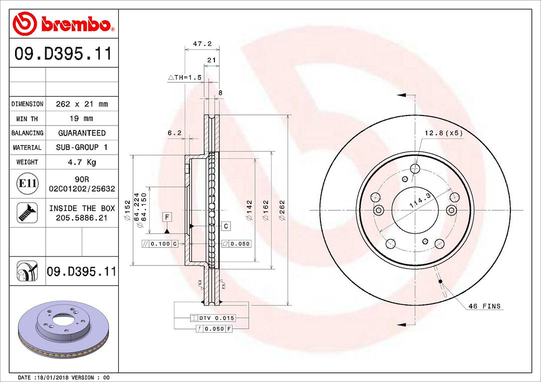 Product of Brembo 09D39511C02 Vented 1 Piece Brake Rotor 