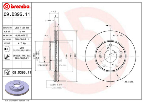 Product of Brembo 09D39511C02 Vented 1 Piece Brake Rotor 