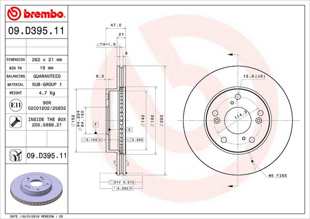 Product of Brembo 09D39511C02 Vented 1 Piece Brake Rotor 