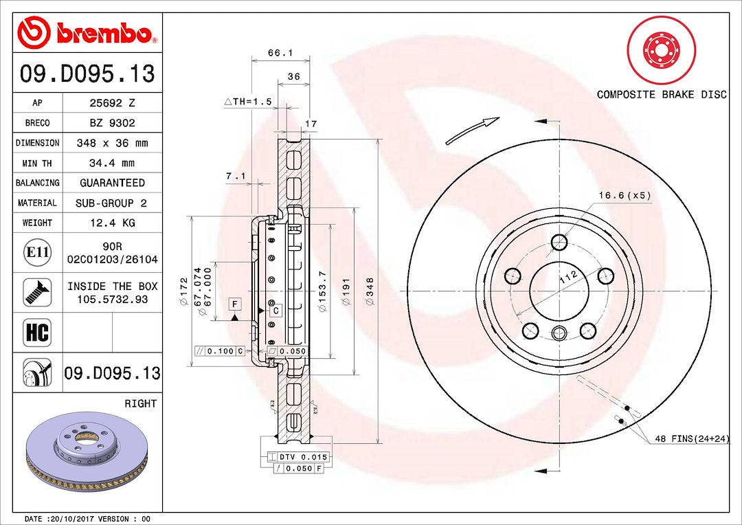 Product of Brembo 09D09513C02 Vented 1 Piece Brake Rotor 