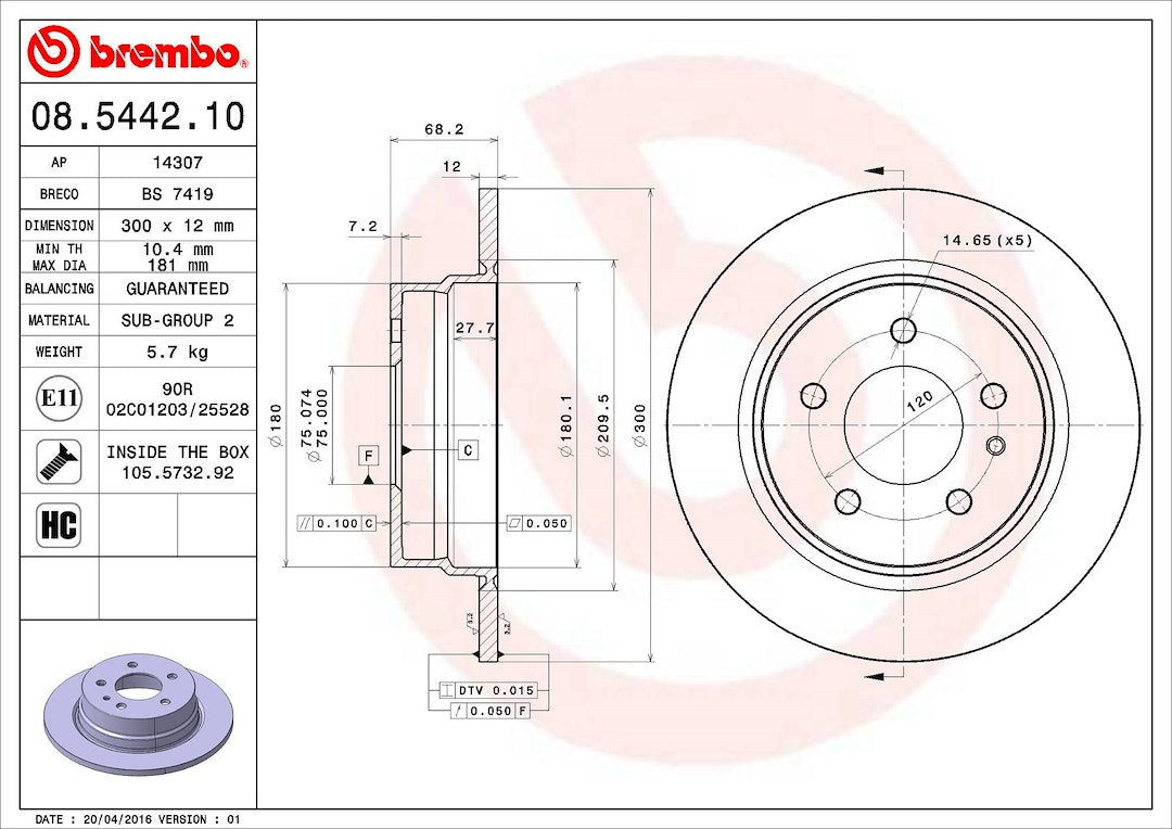 Product of Brembo 08544210C02 Solid 1 Piece Brake Rotor 
