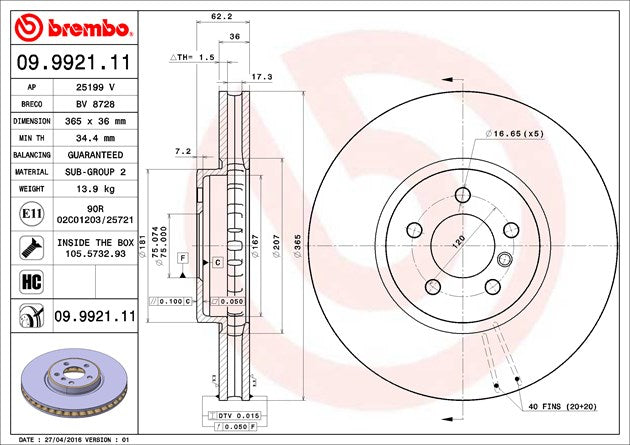 Product of Brembo 09992111C02 Vented 1 Piece Brake Rotor 