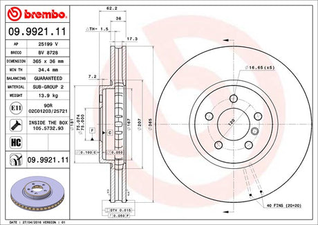 Product of Brembo 09992111C02 Vented 1 Piece Brake Rotor 