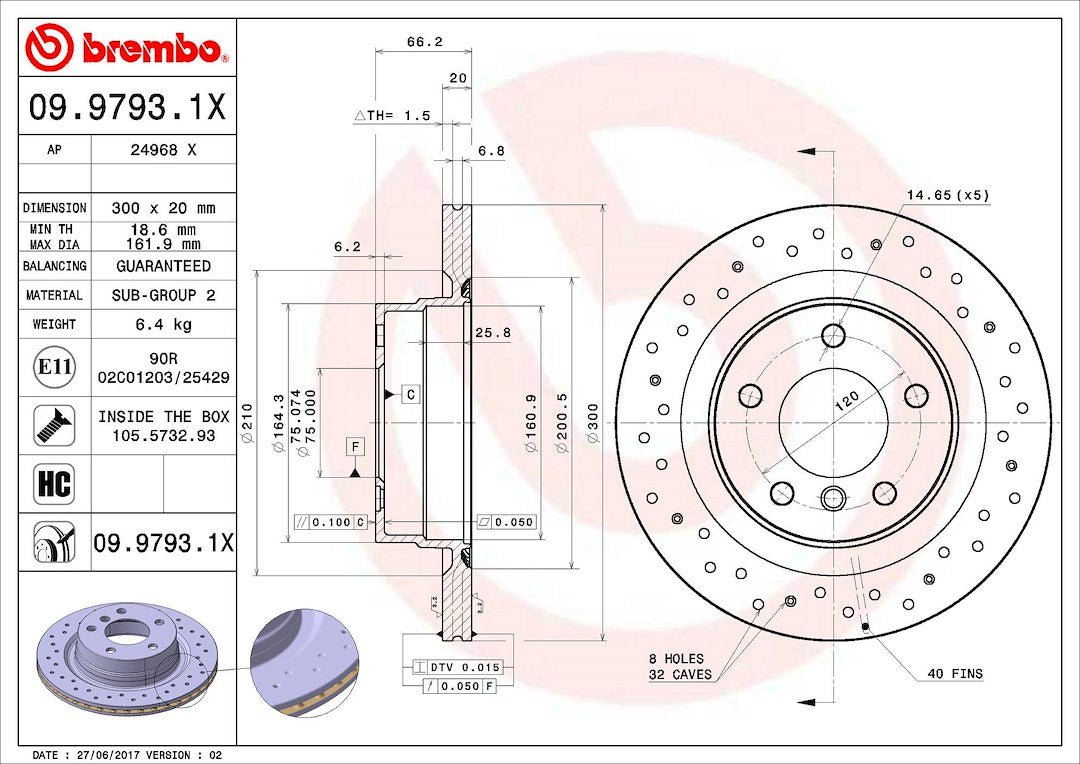 Product of Brembo 0997931XC02 Xtra Vented Cross Drilled 1 Piece Brake Rotor 