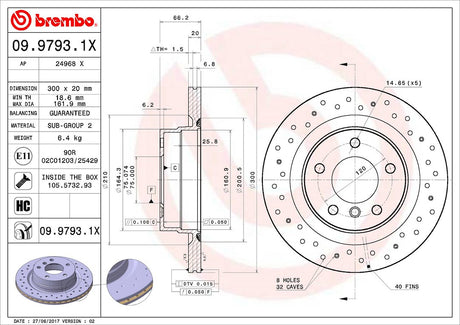 Product of Brembo 0997931XC02 Xtra Vented Cross Drilled 1 Piece Brake Rotor 