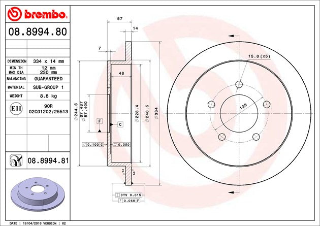 Product of Brembo 08899481C02 Solid 1 Piece Brake Rotor 