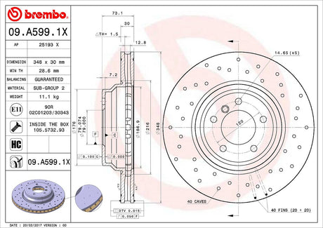 Product of Brembo 09A5991XC02 Xtra Vented Cross Drilled 1 Piece Brake Rotor 