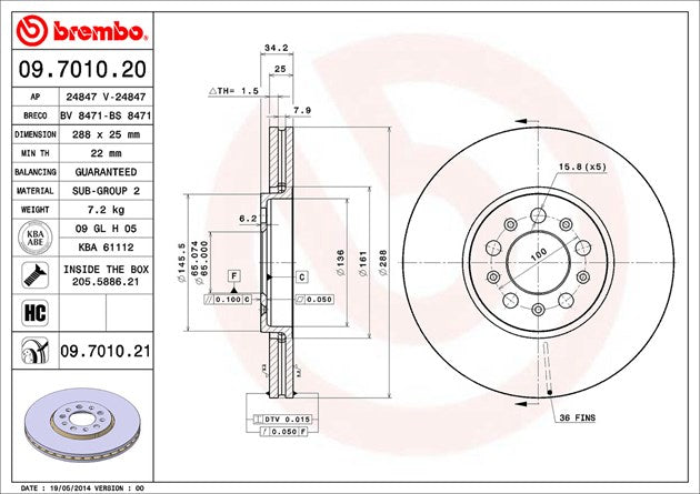 Product of Brembo 09701021C02 Vented 1 Piece Brake Rotor 
