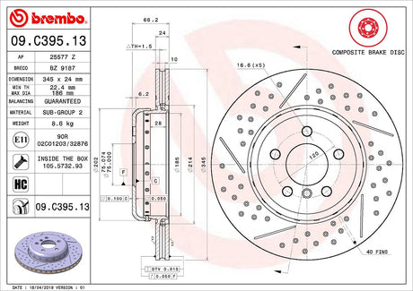 Product of Brembo 09C39513C02 Vented Cross Drilled 1 Piece Brake Rotor 