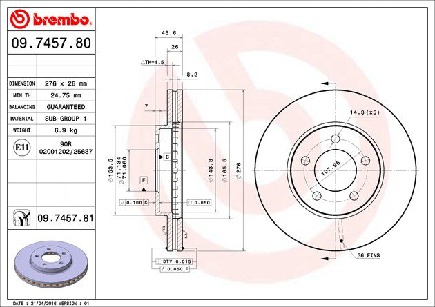 Product of Brembo 09745781C02 Vented 1 Piece Brake Rotor 
