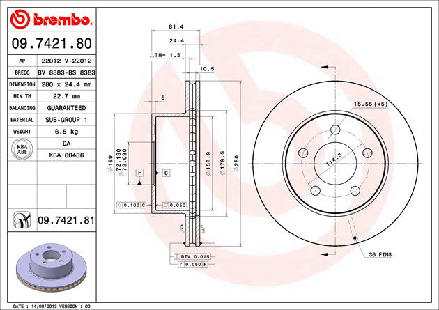 Product of Brembo 09742181C02 Vented 1 Piece Brake Rotor 