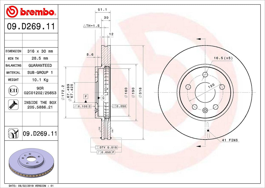Product of Brembo 09D26911C02 Vented 1 Piece Brake Rotor 