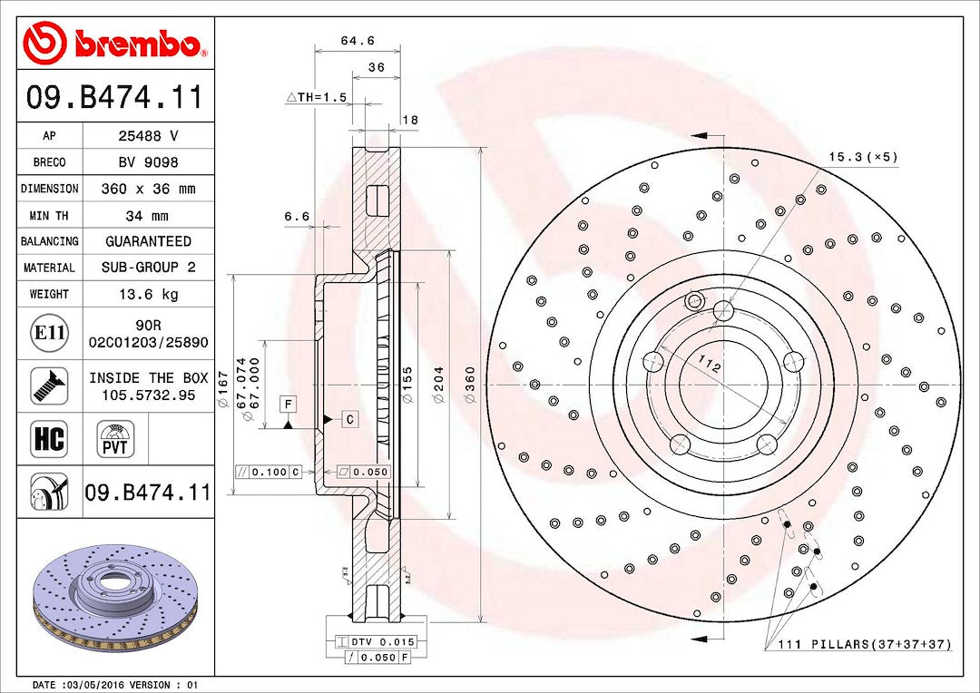 Product of Brembo 09B47411C02 Vented Cross Drilled 1 Piece Brake Rotor 