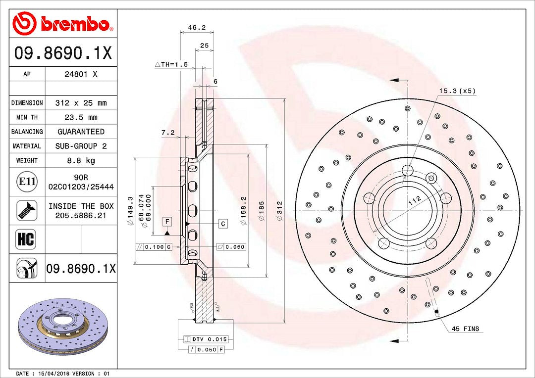 Product of Brembo 0986901XC02 Xtra Vented Cross Drilled 1 Piece Brake Rotor 
