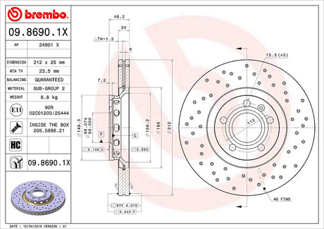 Product of Brembo 0986901XC02 Xtra Vented Cross Drilled 1 Piece Brake Rotor 