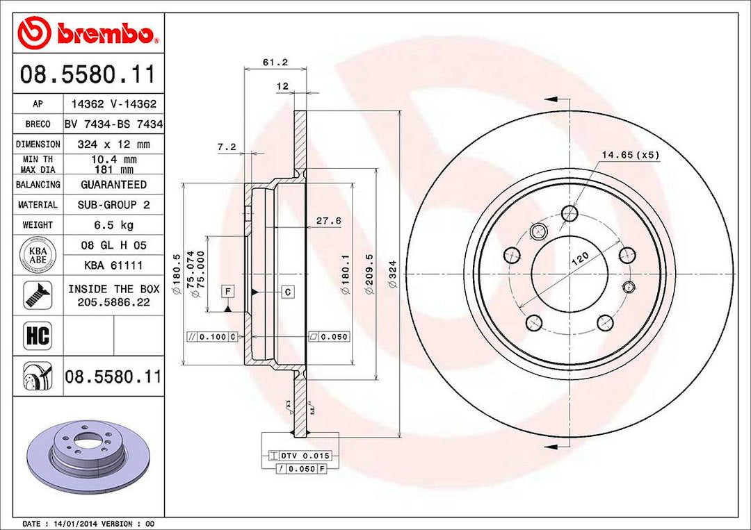 Product of Brembo 08558011C02 Solid 1 Piece Brake Rotor 
