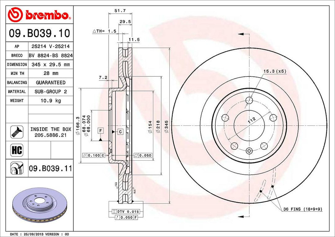 Product of Brembo 09B03911C02 Vented 1 Piece Brake Rotor 