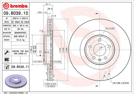 Product of Brembo 09B03911C02 Vented 1 Piece Brake Rotor 