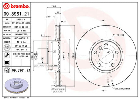 Product of Brembo 09896121C02 Vented 1 Piece Brake Rotor 