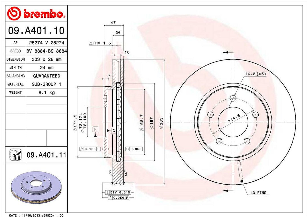 Product of Brembo 09A40111C02 Vented 1 Piece Brake Rotor 