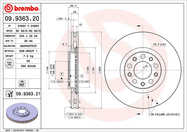 Product of Brembo 09936321C02 Vented 1 Piece Brake Rotor 