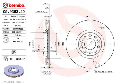 Product of Brembo 09936321C02 Vented 1 Piece Brake Rotor 