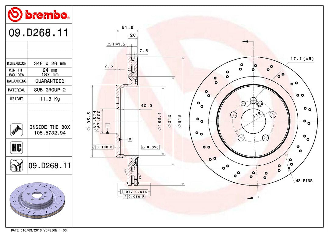 Product of Brembo 09D26811C02 Vented Cross Drilled 1 Piece Brake Rotor 