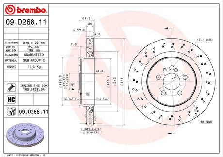Product of Brembo 09D26811C02 Vented Cross Drilled 1 Piece Brake Rotor 