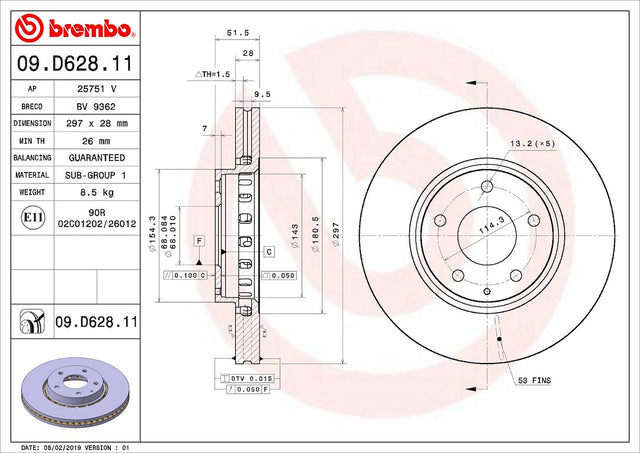 Product of Brembo 09D62811C02 Vented 1 Piece Brake Rotor 