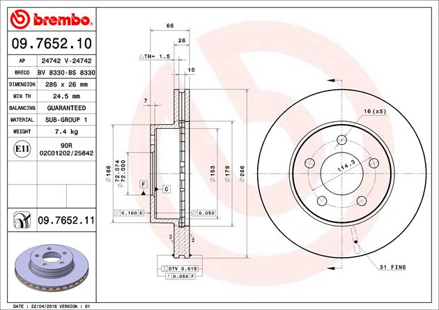 Product of Brembo 09765211C02 Vented 1 Piece Brake Rotor 