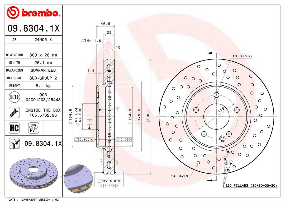 Product of Brembo 0983041XC02 Xtra Vented Cross Drilled 1 Piece Brake Rotor 