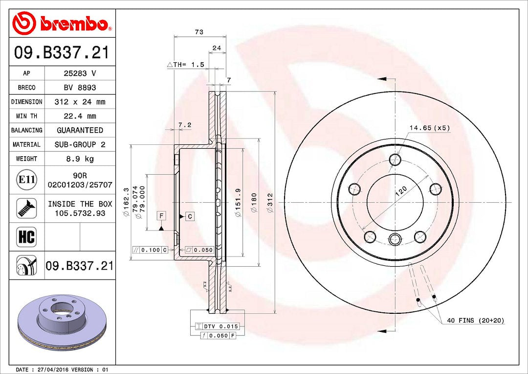 Product of Brembo 09B33721C02 Vented 1 Piece Brake Rotor 